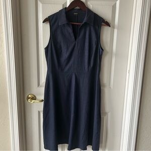T Tahari Navy Sleeveless Linen Blend Midi Dress
